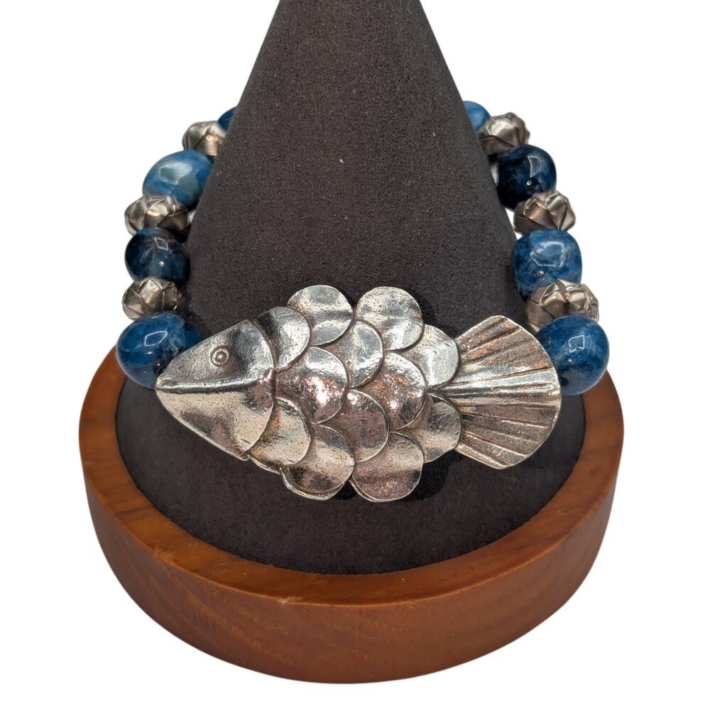 SS 925 Laura Stamped 7.5" Artisan Fish Bracelet w/Blue Accents & Toggle Clasp